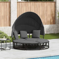 vidaXL fekete polyrattan kültéri napozóágy napellenzővel és párnákkal kerti bútor