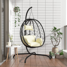 vidaXL krémfehér polyrattan és acél lógó tojásszék párnával hintaágy