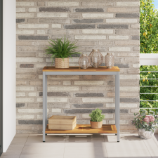 vidaXL Kültéri Asztal Természetes és Szürke 35x80x75 cm Tömör Fa és Acél kerti bútor