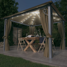 vidaXL tópszínű alumíniumpavilon függönnyel/LED fényfüzérrel 3 x 3 m kerti bútor