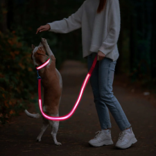  Világító éjszakai LED póráz USB töltéssel, rózsaszín nyakörv, póráz, hám kutyáknak