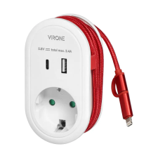 VIRONE hálózati elosztó adapter, telefontöltő schuko + USB A+C, USB C + lightning kábel villanyszerelés
