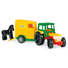 Wader Farmer Traktor lószállító utánfutóval - Sárga/zöld autópálya és játékautó