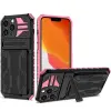 Wooze Apple iPhone 14 Plus, Műanyag hátlap védőtok szilikon belső, közepesen ütésálló, kitámasztóval, kártyatartóval, Wooze Transformer, fekete/rózsaszín