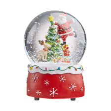 X-mas zenélő hógömb, Mikulás rénszarvassal és karácsonyfával ?10cm karácsonyi dekoráció