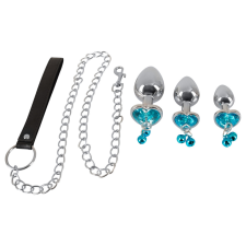 YOU2TOYS - Butt Plug Set - anál plug szett pórázzal (ezüst) bilincs, kötöző