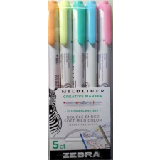 Zebra Szövegkiemelő készlet, 1,0/3,5 mm, kétvégű, ZEBRA Mildliner Fluorescent, 5 szín (TZ78105) filctoll, marker
