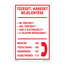 ZSONA DEKOR Tűzeset, káreset bejelentése Utánvilágító műanyag tábla 160x100 mm információs címke